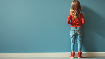 young girl with long hair standing against blue wall in casual outfit