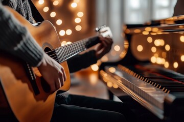 Fototapeta premium A cozy scene featuring a musician playing guitar beside a piano, illuminated by warm, glowing lights in a softly lit room.