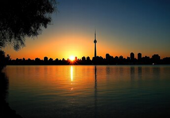 A city skyline is reflected in the water as the sun sets