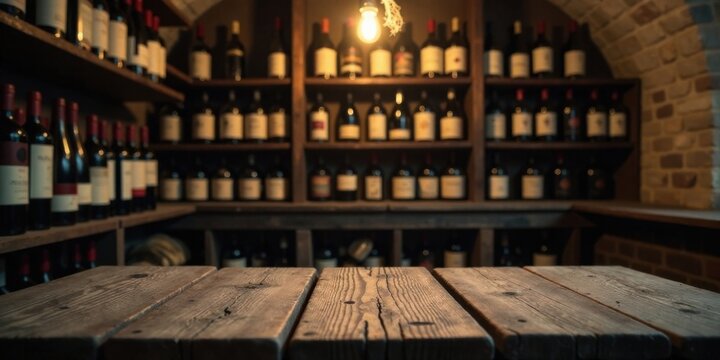 Rustic wooden table in front of a dimly lit wine cellar filled with various bottles, perfect for showcasing your product or creating a sophisticated ambiance.
