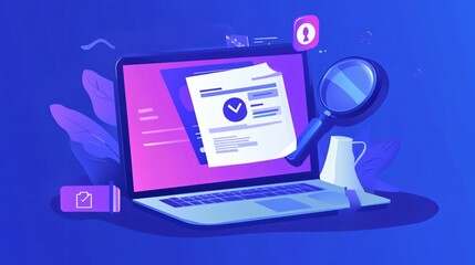 Online Payment Security Concept with Laptop, Credit Card, and Magnifier