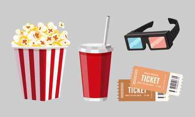 Set of cinema icons with popcorn, drink glass and straw, tickets and 3d glasses. Time in the cinema. Vector image. Isolated