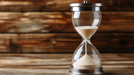 Classic hourglass on wooden surface. Ideal for time management, deadline concepts, and vintage...