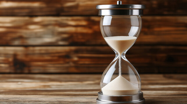 Classic hourglass on wooden surface. Ideal for time management, deadline concepts, and vintage decor.