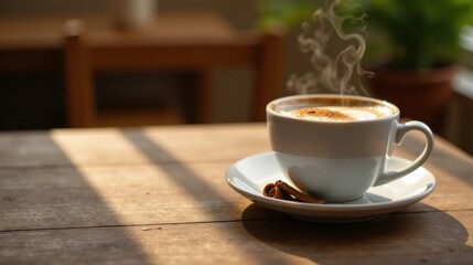 Fototapeta premium Aromatic Coffee Steam Rising from a White Mug on Wooden Table