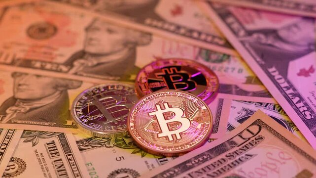 Bitcoin symbol rotating on marble table. BTC golden money spinning around. Dollar background