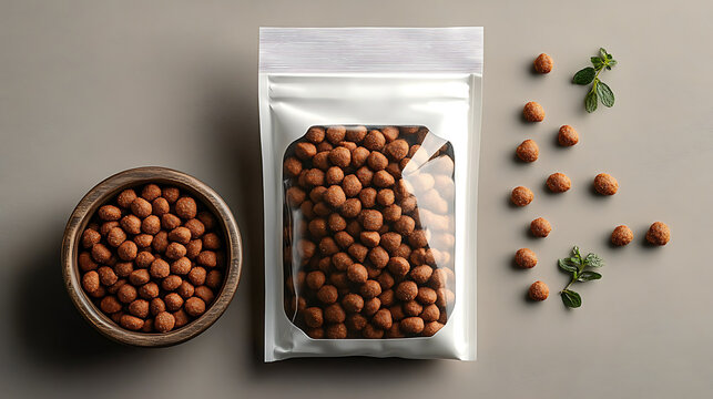 Minimalist pet food packaging with resealable pouch and bowl of kibble. high resolution AI Generative image