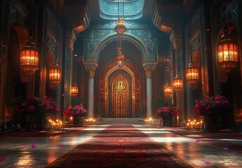 Fototapeta premium Opulent Hall Interior with Intricate Designs Hanging Lamps and Flower Arrangements