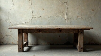 Rustic Wooden Table Against Weathered Concrete Wall A Study in Texture and Time
