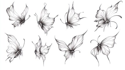Eight stylized butterflies, white background, design element, tattoo inspiration