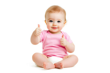 Portrait of cute smiling child toddler gives a thumbs up isolated on white background
