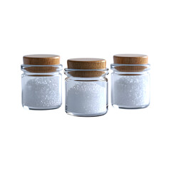 Transparent Glass Jars with White Glitter for Bath Salts and Creams Isolated on Transparent Background