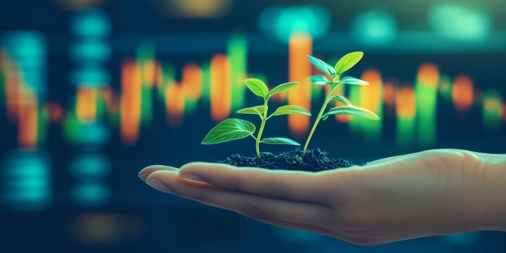 Green Shoots of Investment Hand Holding Sprouting Plants Against a Stock Market Graph