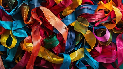 Colorful streamers rolled up in a neat pile, showcasing their vibrant hues.