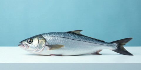 Fototapeta premium A single fresh fish rests on a pristine white surface against a serene light-blue backdrop, showcasing its scales and fins in detail.