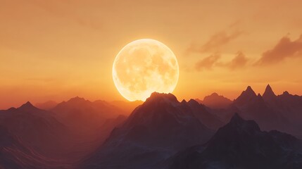 A bright moon peeking through the silhouette of a mountain range at twilight.