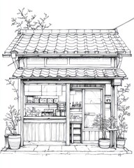 A Detailed Line Drawing Of A Small Japanese Shop