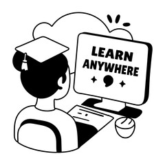 A glyph sticker of a student taking online class with learn anywhere typography 