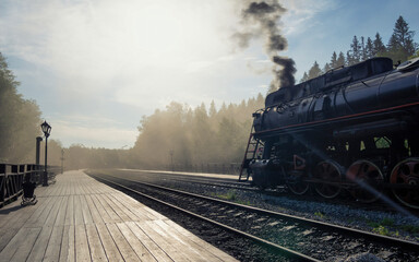 Steam locomotive puffs clouds of smoke at a serene train station surrounded by nature