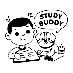 A glyph sticker of a character reading book with his pet with study buddy typography 