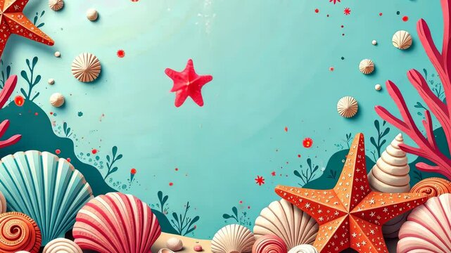 A colorful ocean scene with a starfish and a variety of shells. The background is blue and the foreground is filled with different colored shells
