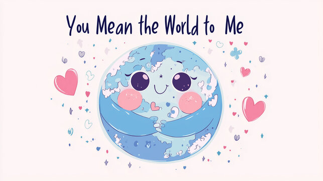 Funny Valentine's card illustration featuring a cute smiling Earth hugging itself with the message "You Mean the World to Me"