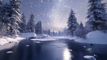 A serene winter landscape featuring snow-covered trees and a partially frozen river under a starry night sky