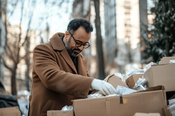 Man in a brown coat examining supplies in cardboard boxes outdoors, engaged in community service, volunteering, or charity work to support those in need.