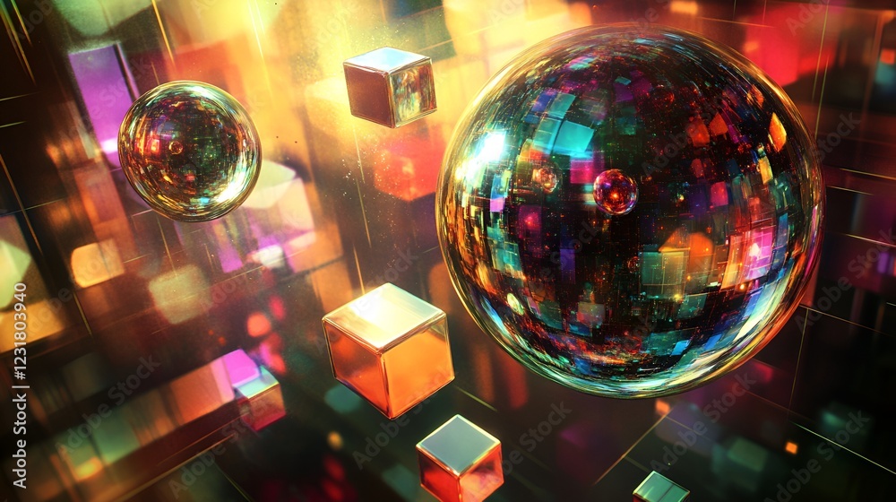Wall mural surreal abstract spheres and cubes with vibrant reflections floating in a digital space