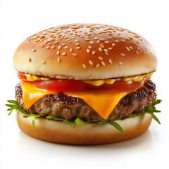 Classic cheeseburger with melted cheese, beef patty, fresh tomato, lettuce and sesame seed bun isolated on a white background