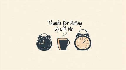 Funny Valentine's card design featuring clocks and a coffee cup with the pun "Thanks for Putting Up with Me"