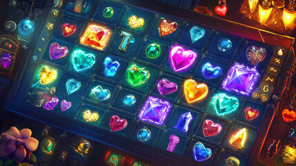 Computer game user interface with crystals puzzle. Vector cartoon illustration of screen with colorful gemstones, bomb, lightning, heart, lock icons, score and level information. Gui template for app