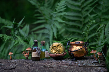 copper cauldron, moon amulet and magic bottles on tree trunk in forest, natural background. occult...