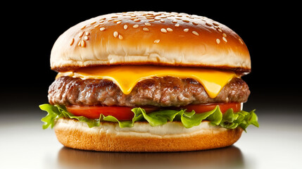 Classic cheeseburger with melted cheese, beef patty, fresh tomato, lettuce and sesame seed bun isolated on a white background