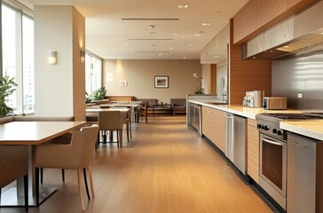 A large open space with a kitchen and dining area