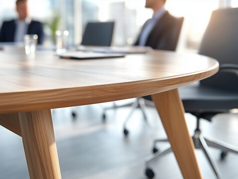 Corporate meeting room with a round table, blurred figures of business professionals engaged in discussion, contemporary interior design