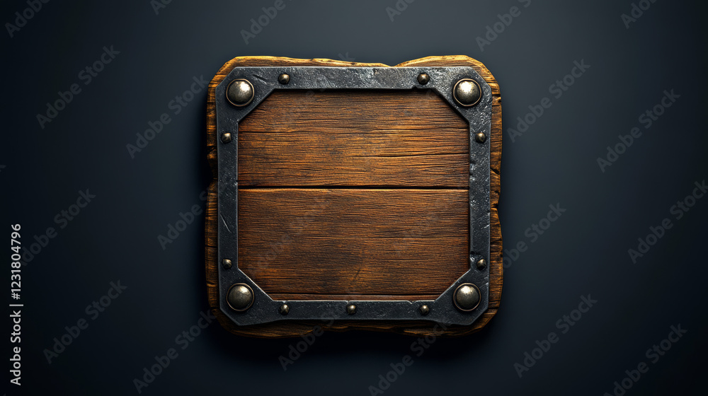Wall mural medieval ui game wooden button with metal frame sprite for animation. fantasy rpg title sign design 
