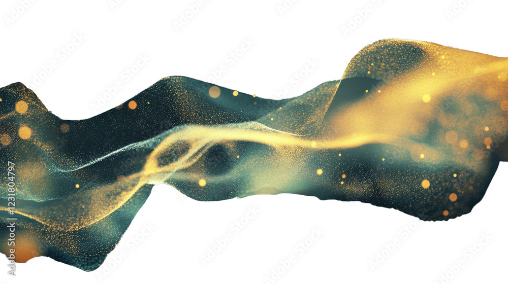 Poster An abstract image depicts a flowing wave of gold and teal particles with bokeh lights against a black background.