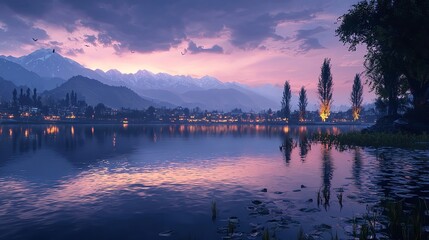 Fototapeta premium Twilight Over Dal Lake, Kashmir 16K Resolution Ultra Photorealistic