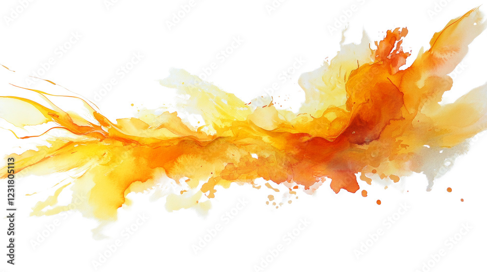 Poster An abstract watercolor painting showcases a dynamic interplay of warm yellow and orange hues creating a fiery and energetic visual effect.