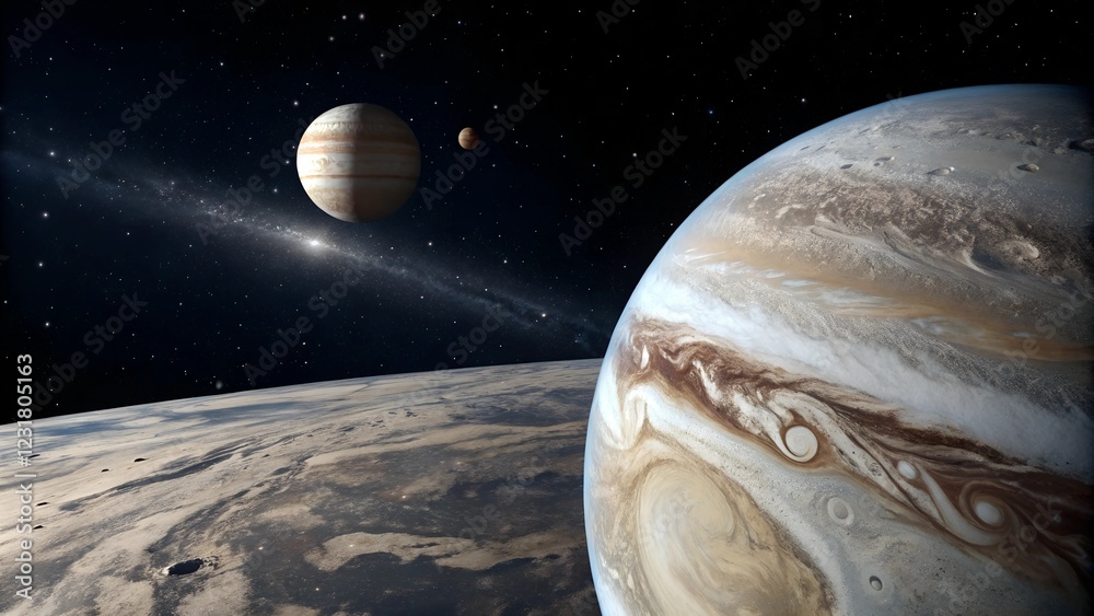 Poster a large planet is shown in the sky with a smaller planet in the background. scene is peaceful and se
