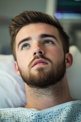 Obraz premium Patient in hospital bed contemplating recovery with medical equipment in background. Healthcare, emotional well-being, and support for recovery journey.