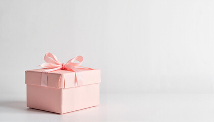 Obraz premium Pastel gift box on white table with ribbon, celebrating joy
