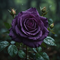 A deep purple rose with dewdrops, framed by a soft, blurred forest.