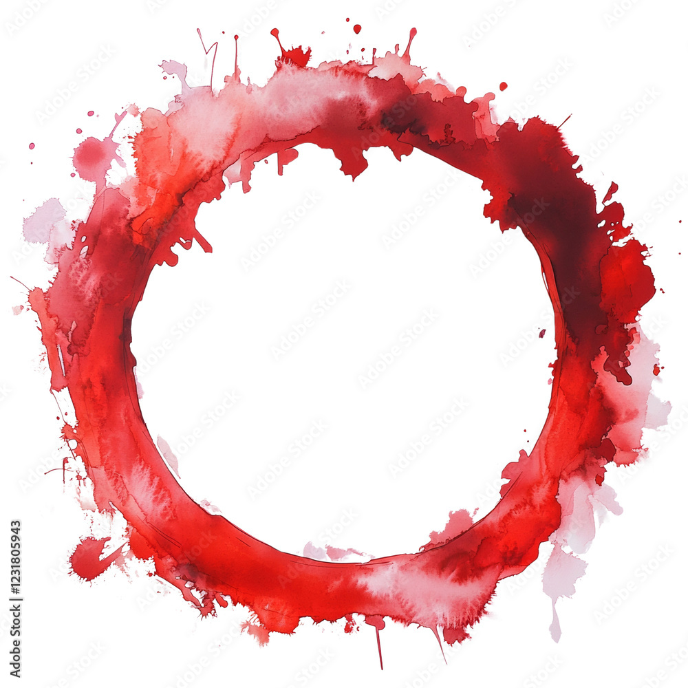 Poster an abstract watercolor painting depicting a circular red splash with uneven edges and varying shades