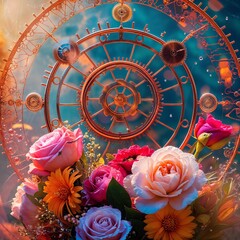 Ornate Clockwork Gears Surrounded by Pink Roses and a Colorful Floral Bouquet