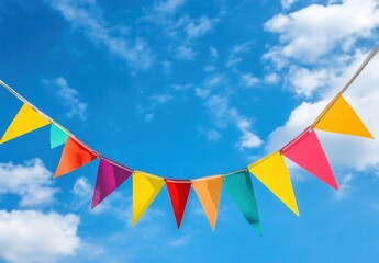 A colorful banner of flags hangs in the sky on a sunny day