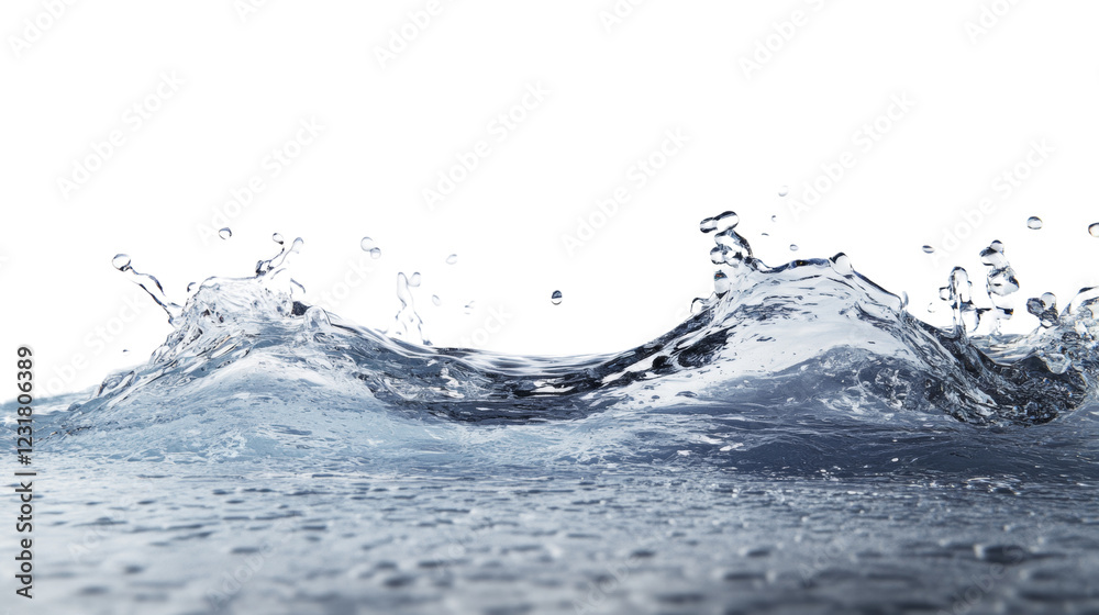 Poster A dynamic image showcasing a water wave splashing against a black background with numerous droplets.
