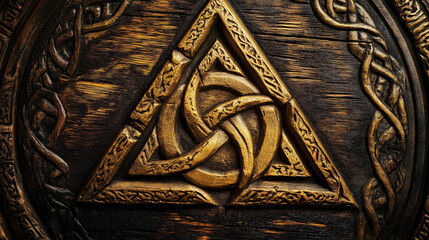 Celtic trinity knot carved in dark wood with ornate details. Ideal for cultural heritage, spiritual symbolism and traditional craftsmanship themes.
