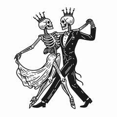 A whimsical illustration of two dancing skeletons, adorned with crowns, showcasing a playful take on love and celebration.